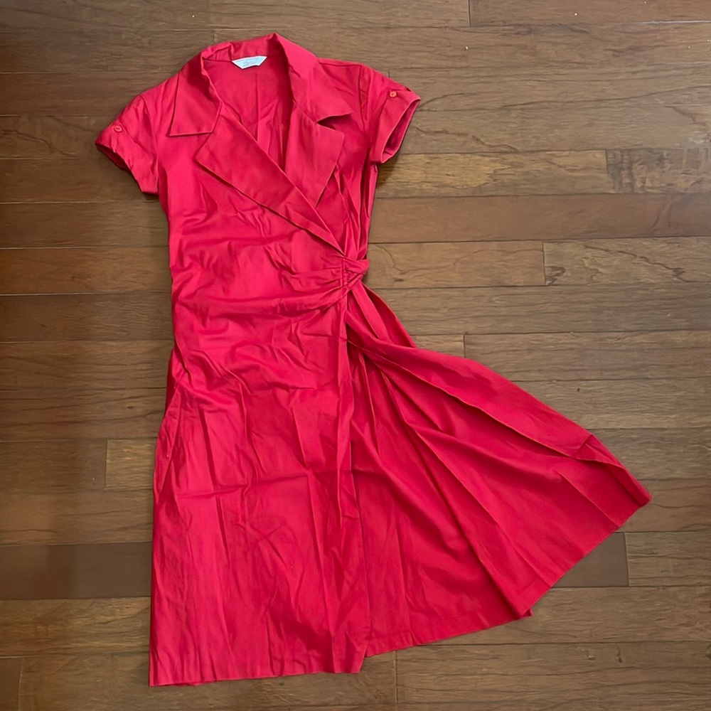 UK Red cotton retro short sleeve midi length wrap dress with collar Size S 6